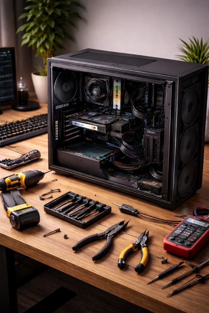 Ordinateur démonté avec outils autour.